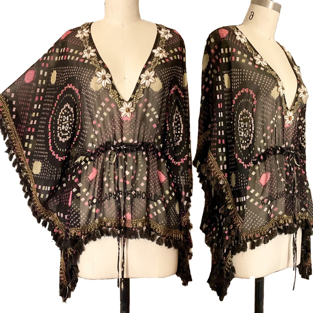 Vintage Matthew Williamson Embellished Tasseled Silk Kaftan Blouse